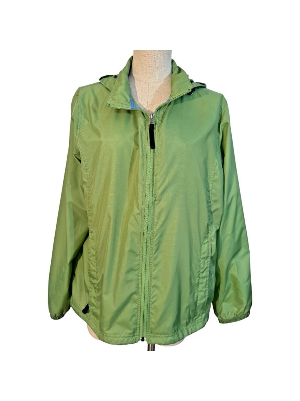 LL Bean Women's Size Large Lime Green Rain Coat OBUX3 Nylon Windbreaker Hooded